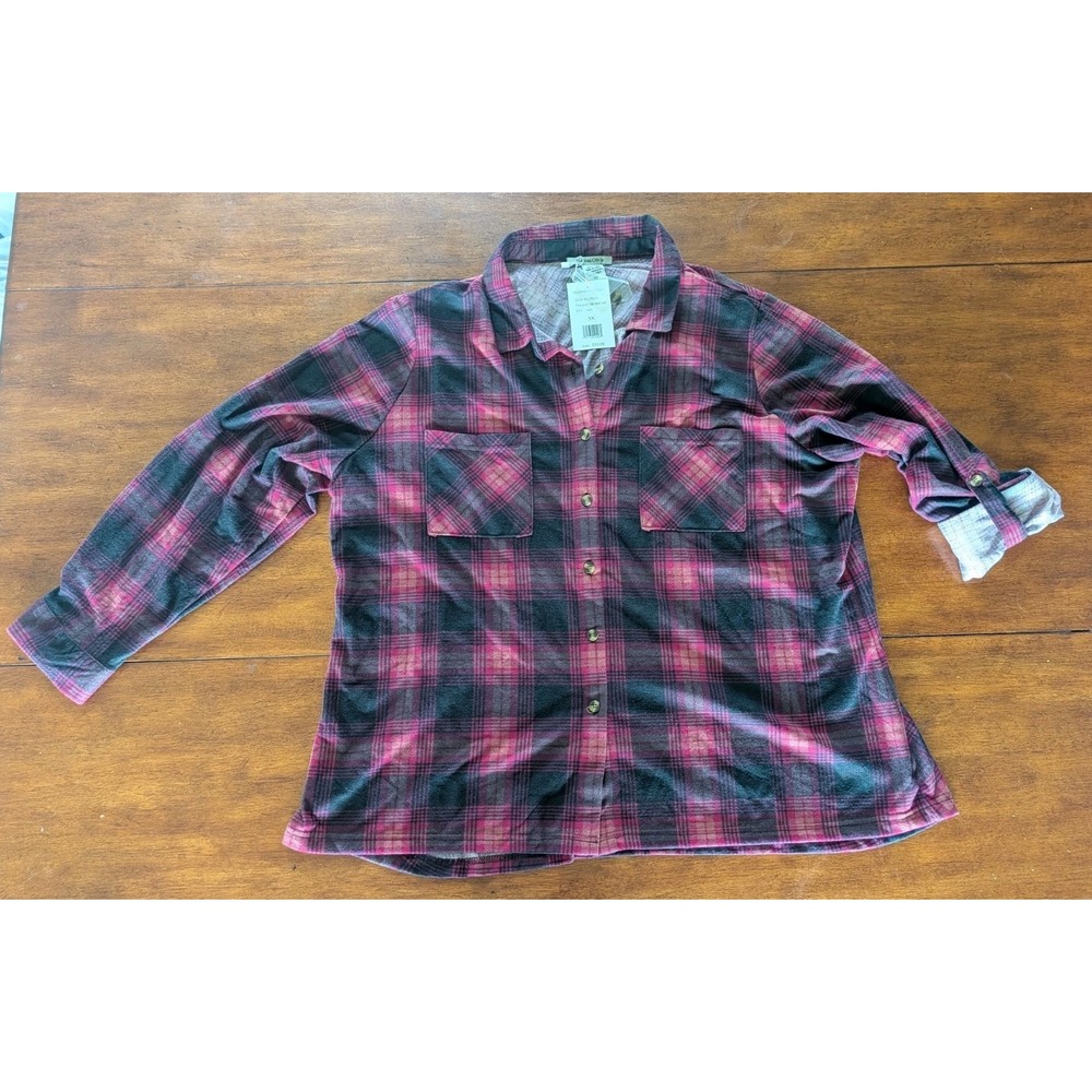 Marissa Olivia Pink Black Plaid Tunic Button Front Pockets Long Sleeve 3X NWT